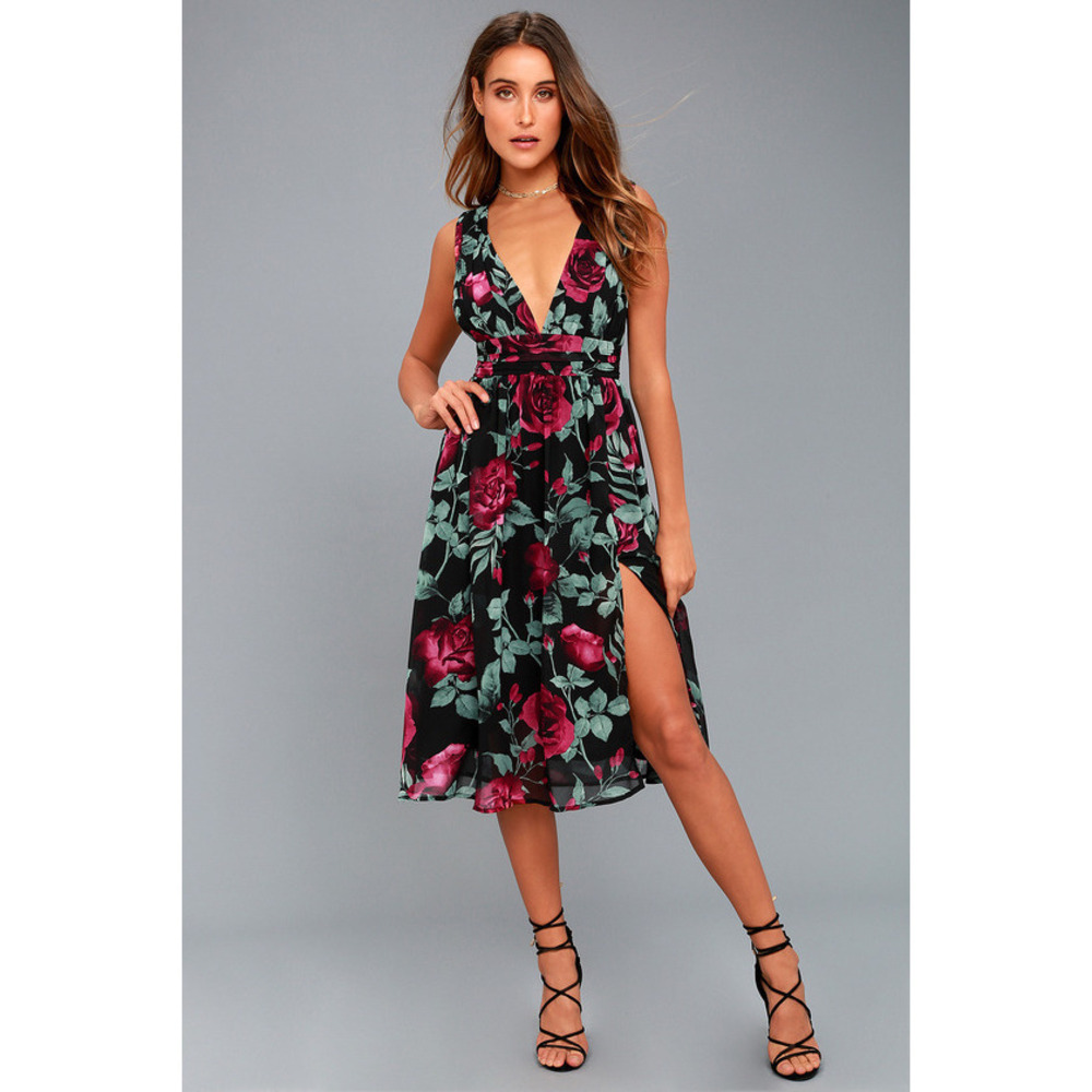 Lulus Queen Of Hearts Black And Burgundy Floral Print Midi Dress - Size Small